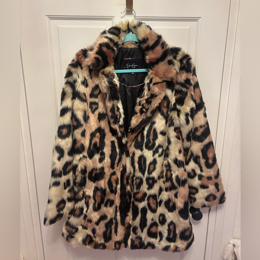 Jessica Simpson Black and Brown Faux Fur Animal Print Jacket